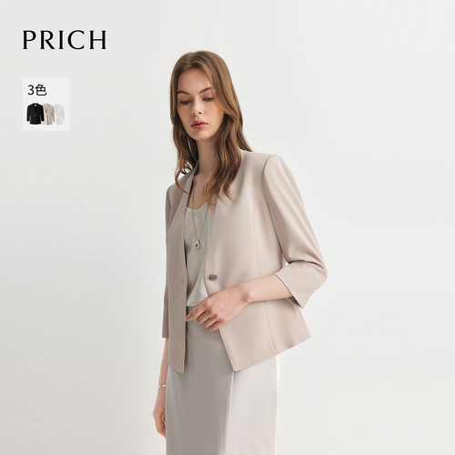 PRICH简约淡人高知一粒扣七分袖西装夏季干练通勤V领气质外套女
