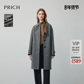 外套女 长款 100%绵羊毛 PRICH复古格纹双面毛呢大衣冬新款