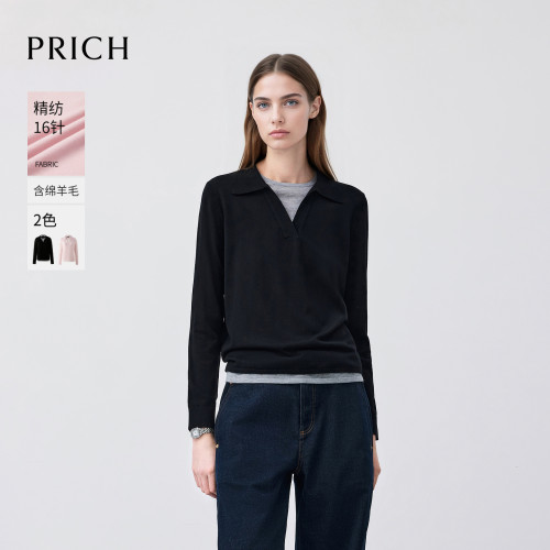 PRICH秋冬新款假两件羊毛针织衫女翻领气质简约通勤内搭上衣