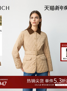 【三防+羊毛填充】PRICH时尚灯芯绒拼接翻领收腰棉服2025冬新款女