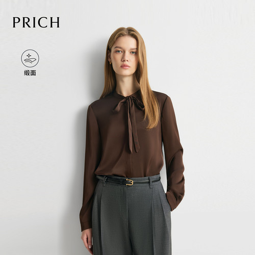 【缎面】PRICH简约气质飘带小立领衬衫2026秋新款垂感通勤上衣女
