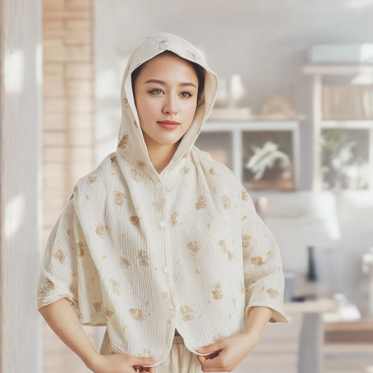 夏季薄款坐月子披肩连帽子披风带帽护肩产妇坎肩孕妇出院防风斗篷