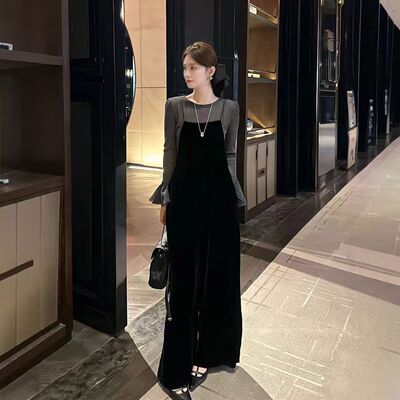 两件套2026春季气质T恤背带丝绒连体裤套装金丝绒背带裤