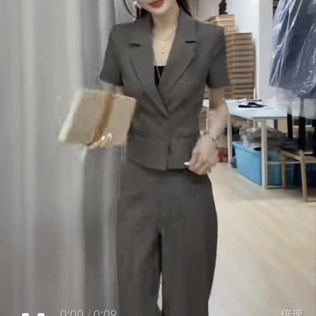 2026夏季网红新款职业西装套装女气质通勤黑色显瘦短外套+阔腿裤