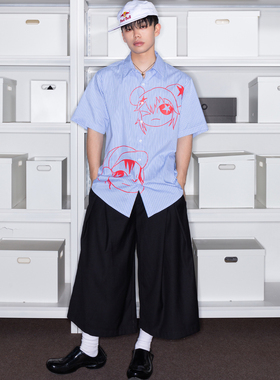 FEAR4FREE 蓝色条纹衬衫夏日宽松趣味漫画人物休闲短袖上衣男女