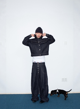 FEAR4FREE 丹尼复古廓形短款牛仔垫肩夹克套装外套超大廓形排扣裤