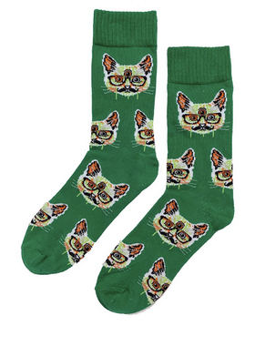 NC SPACE原创设计unless系列-Gameover纯棉百搭绿色猫头提花袜子