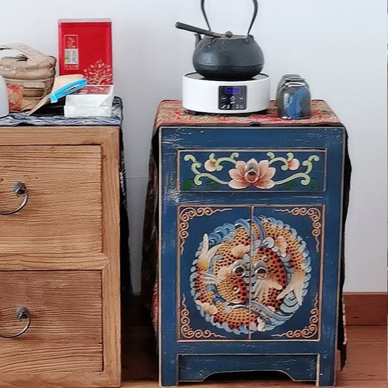 中式古典手绘床头柜实木双门储物柜蓝色复古家用收纳柜可定制角柜