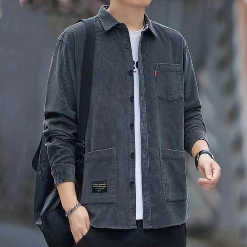 灯芯绒衬衫男秋季加肥加大衬衣休闲复古工装外套男士大码长袖上衣