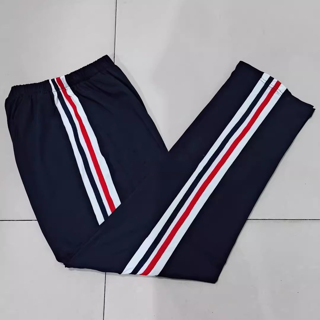 北京陈经纶学校藏蓝色白宽杠贴大红藏蓝条纯棉校服裤直筒运动宽松图片