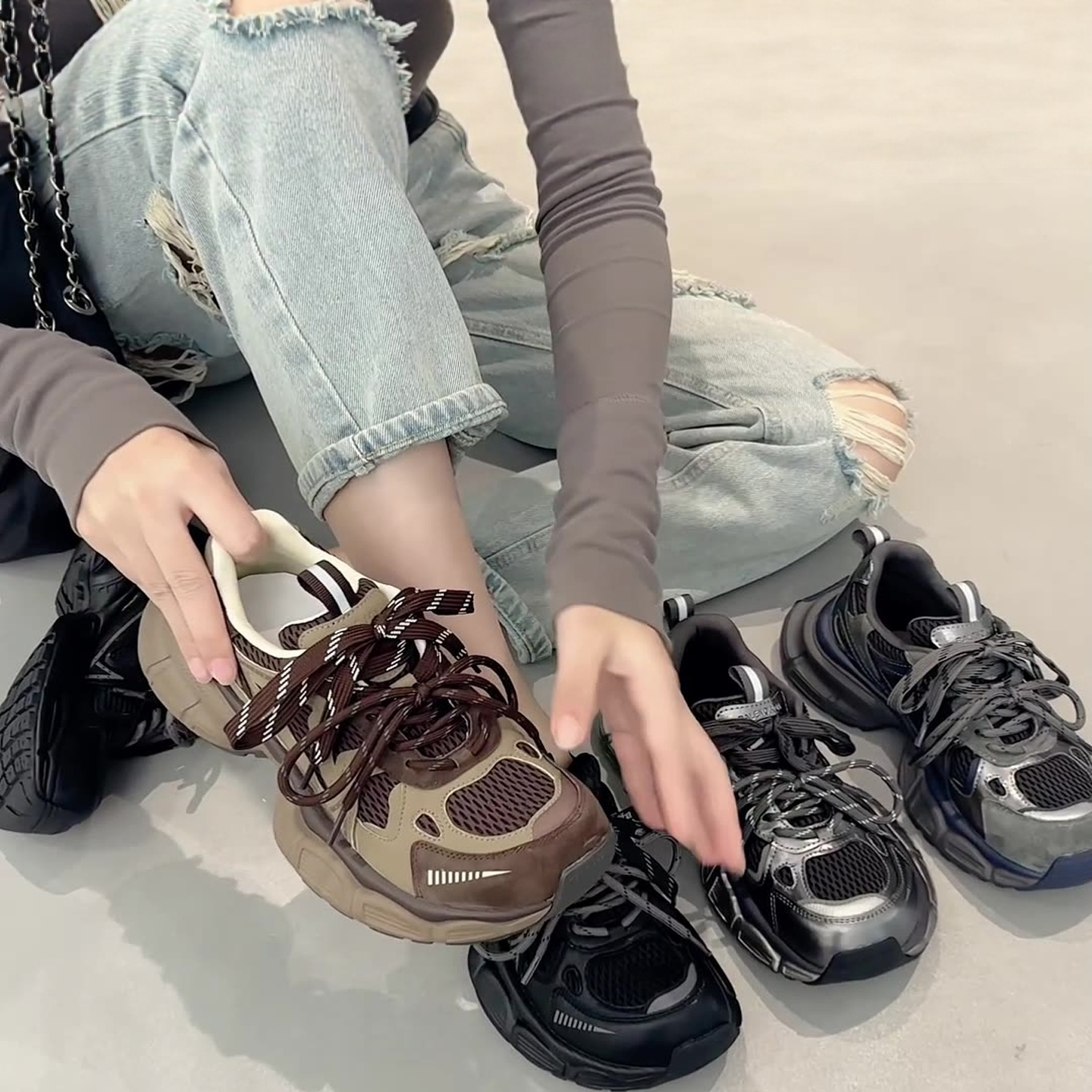 2025秋季新款厚底老爹鞋女棕色百搭重工超火双鞋带运动透气休闲鞋