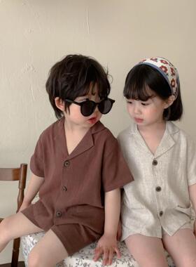 韩国童21039装两儿童麻新款韩版套装男女童宝宝亚短衬衫短裤袖件