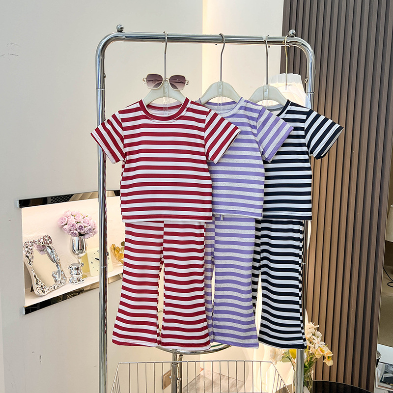 女童短袖恤新款夏装中小童宝宝童装上衣条纹套装喇叭裤两件套潮