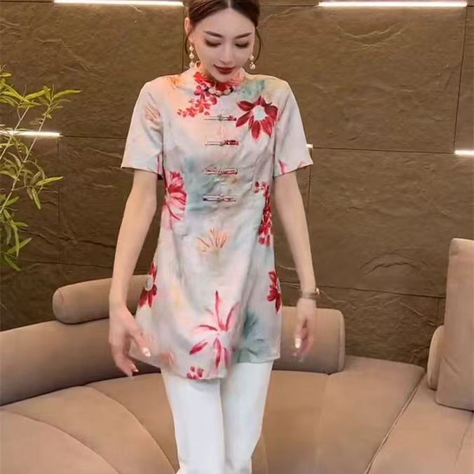 新中式碎花t恤女2025夏季设计感复古盘扣侧开叉中长款国风上衣潮