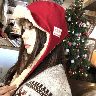 红色雷锋帽女2025新款冬季保暖毛绒帽子女冬天加厚防寒防风护耳帽