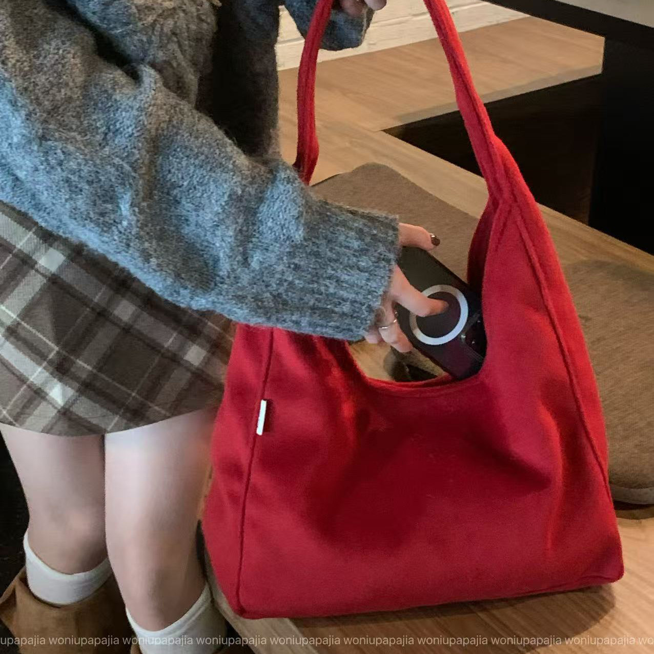 蜗牛爬爬家复古毛呢帆布包女2025新款大容量百搭通勤单肩包托特包,箱包皮具/热销女包/男包,通用款女包,淘宝优惠券,粉丝福利购,淘宝优惠卷