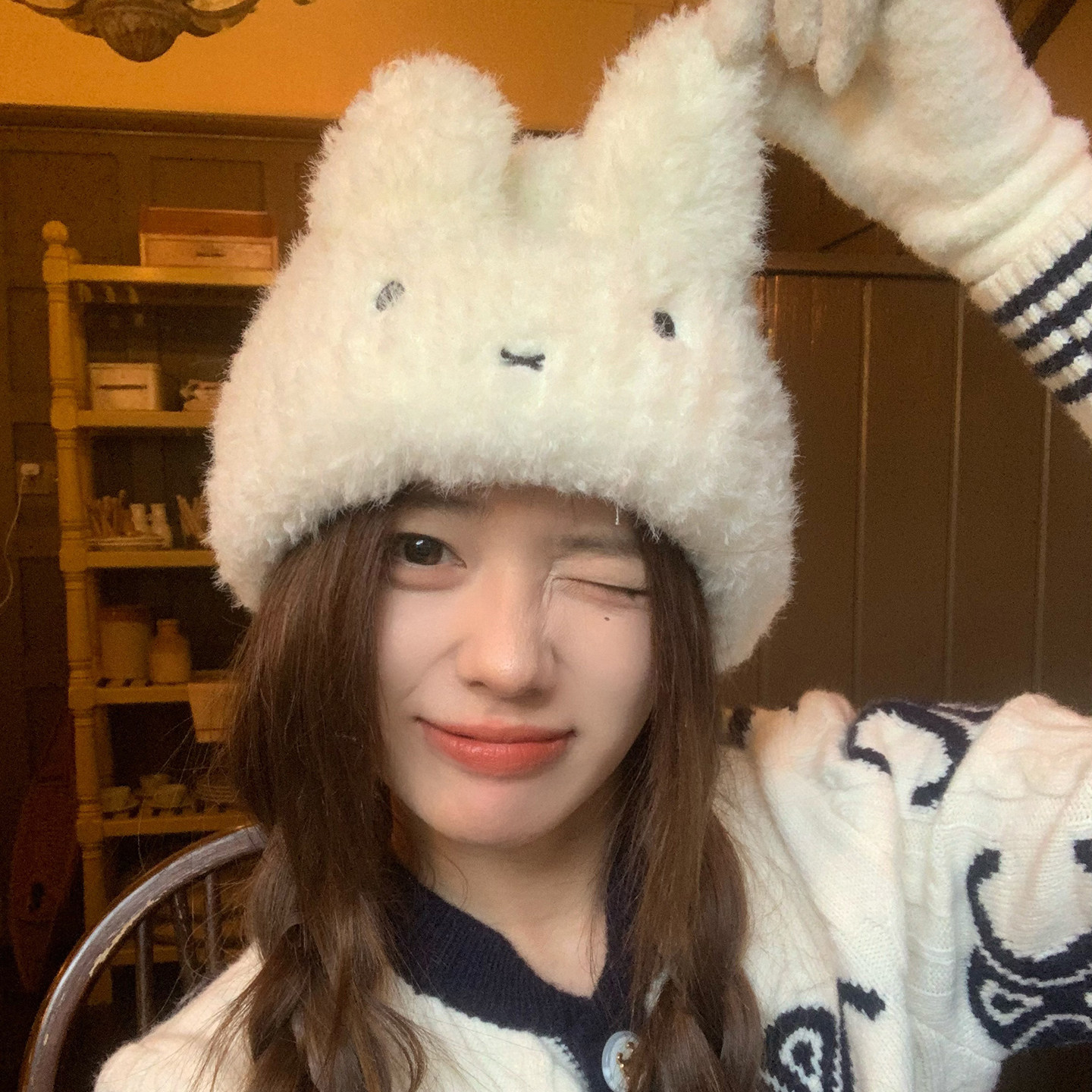 可爱兔耳朵毛绒帽子女冬季防寒保暖针织帽毛线帽冬天护耳包头冷帽