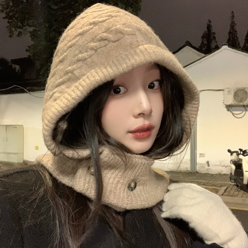 高品韩单~进口羊绒拉法帽麻花针织羊毛毛线帽女冬围巾一体护耳帽