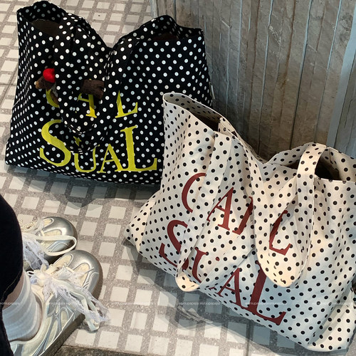 韩系复古黑白波点帆布托特包女