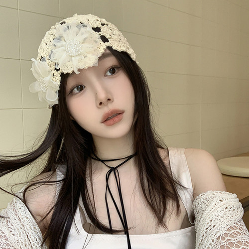 蜗牛爬爬家手工钩花帽女2026新款编织堆堆帽四季百搭花朵包头帽潮