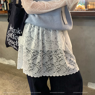 2026春新款白色芭蕾风中长蕾丝屁帘女叠穿半身裙配牛仔裤遮臀短裙