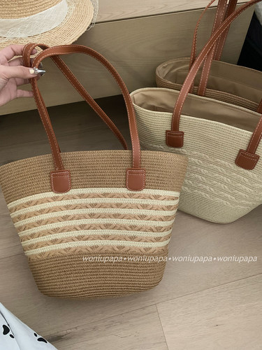 蜗牛爬爬法式田园风ins草包女夏大容量单肩包海边沙滩编织水桶包