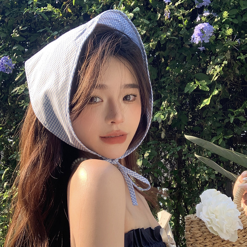 ins~韩系海盐蓝复古格子三角头巾女田园风海边度假拍照遮阳发带夏,服饰配件/皮带/帽子/围巾,围巾/丝巾/披肩,淘宝优惠券,粉丝福利购,淘宝优惠卷