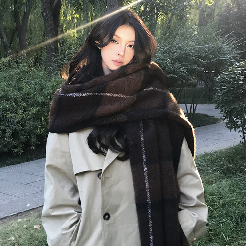 大牌感锁边格子围巾冬季马海毛百搭条纹加厚加大保暖防寒围脖披肩