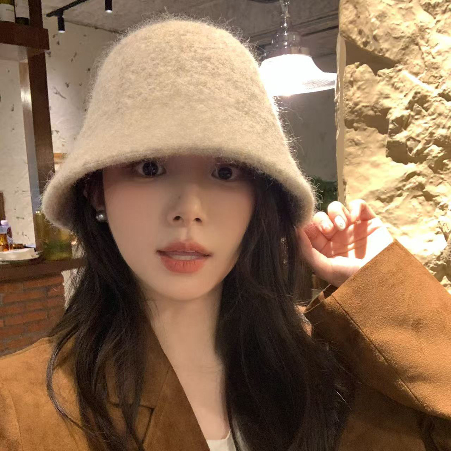 蜗牛爬爬家兔毛混纺帽子女款秋冬季遮脸盆帽保暖毛绒水桶帽显脸小