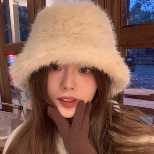 兔毛帽子女款冬季遮脸水桶帽盆帽防寒保暖白色毛绒渔夫帽女显脸小