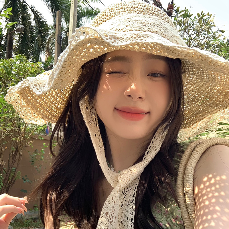 蜗牛爬爬家海边度假草帽女款草编渔夫帽镂空沙滩遮阳帽防晒帽子潮