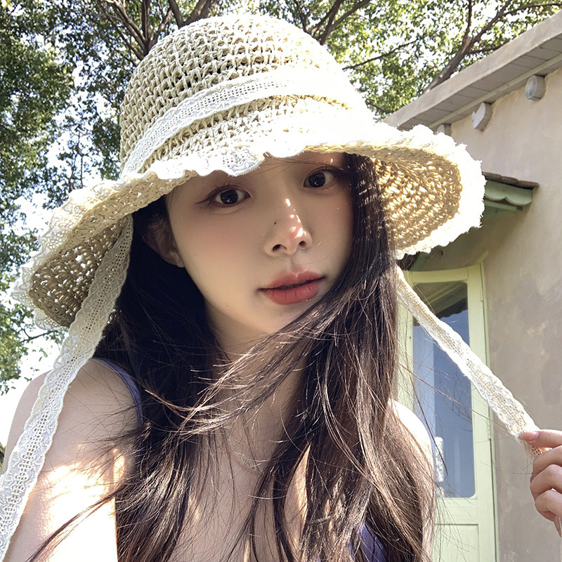 田园风花边蕾丝飘带编织草帽女春夏沙滩出游度假镂空遮阳渔夫帽