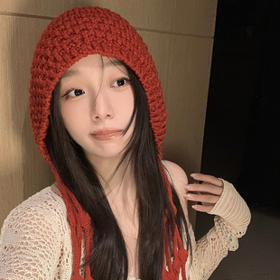 小红帽子手工编织流苏针织帽女冬季2025新款毛线帽护耳保暖雷锋帽