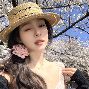 法式 平顶草帽女夏季 海边沙滩度假防晒遮阳帽太阳帽 100%拉菲草