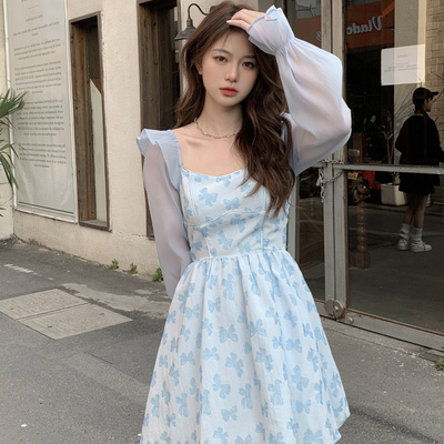 法式芭蕾风甜美小个子收腰显瘦长袖超仙气质森系雪纺碎花连衣裙子
