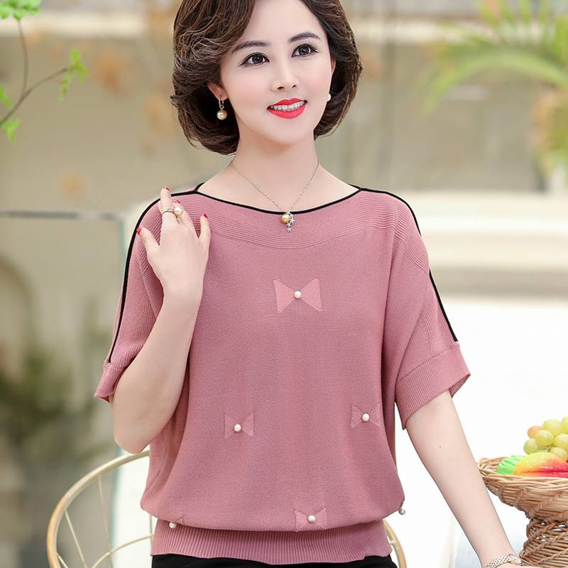 中老年女新款夏装蝙蝠衫短袖t恤中年妈妈装大码宽松针织洋气半袖