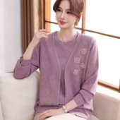 妈妈春装 中老年女春秋薄毛衣外套针织开衫 新款 T恤两件套洋气套装