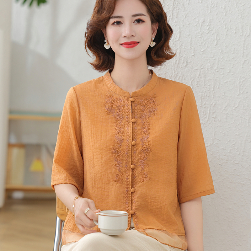 年轻妈妈夏装纯棉麻衬衫套装中老年女夏季纯棉短袖母亲节宽松小衫