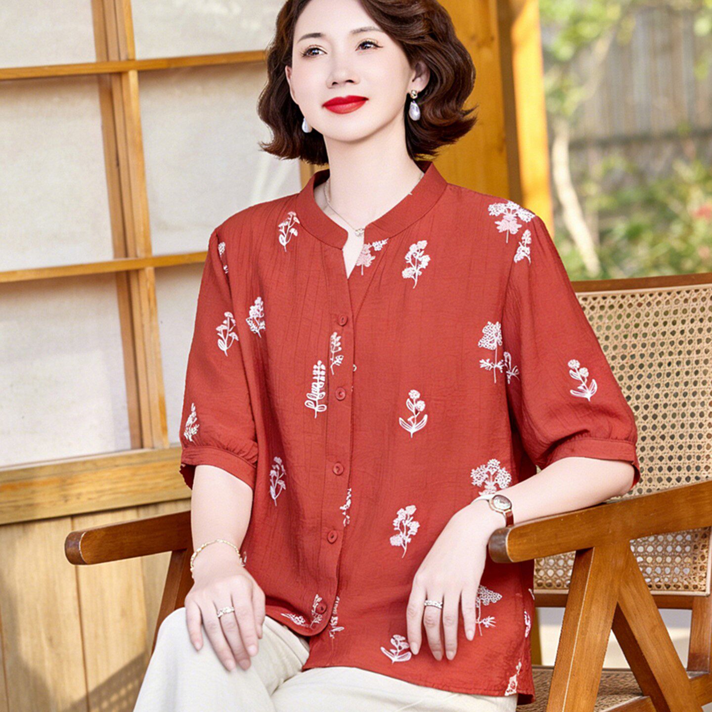 洋气妈妈夏装短袖衬衫中年妇女棉麻小衫套装中老年宽松凉快上衣服