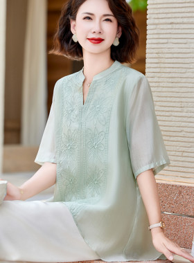 洋气妈妈夏装天丝棉麻中长款小衫