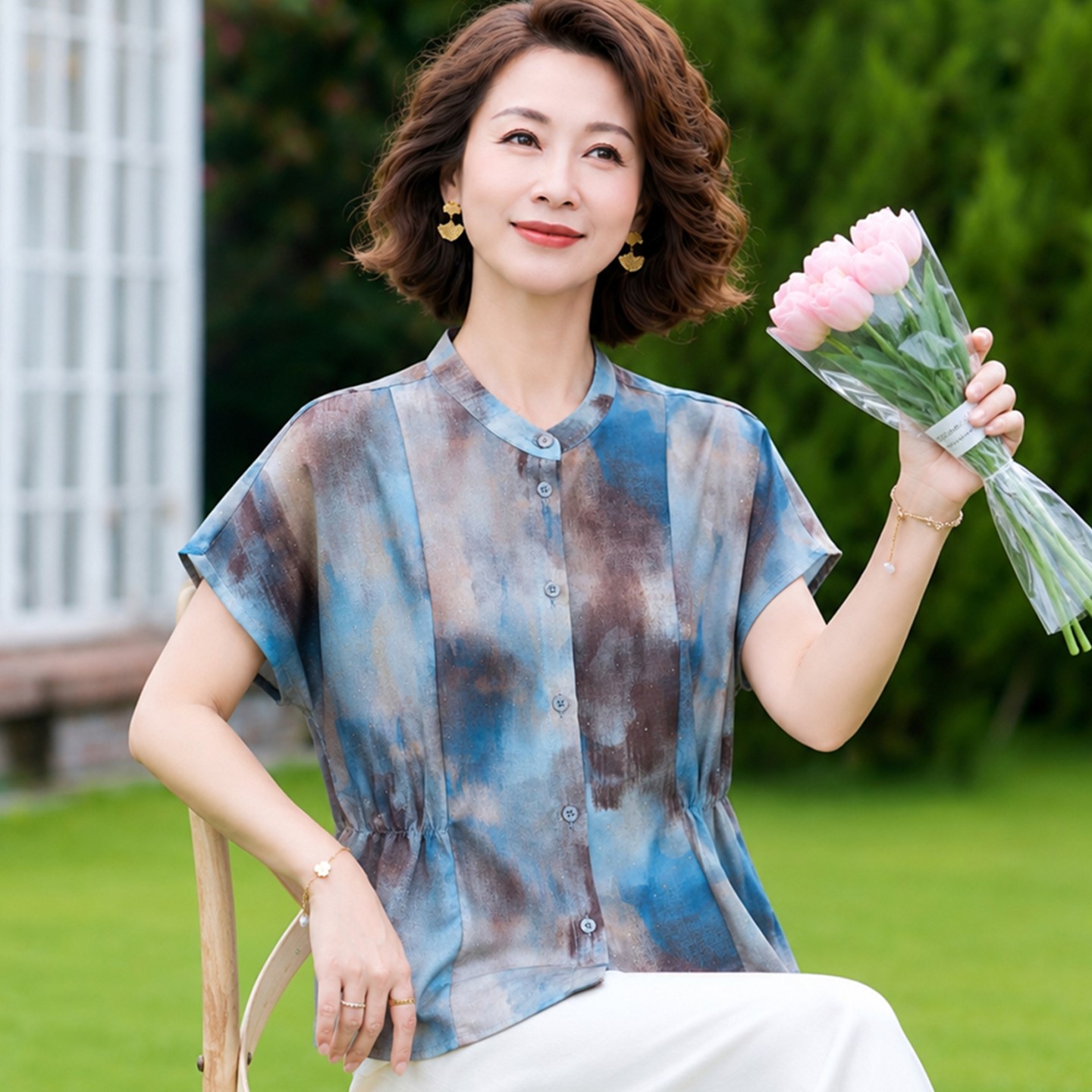 妈妈夏装洋气雪纺上衣服中老年女夏季新款中年妇女宽松衬衫两件套