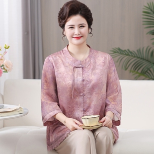 新中式妈妈夏装短袖衬衫杭州丝绸缎小衫中老年女大码女装上衣
