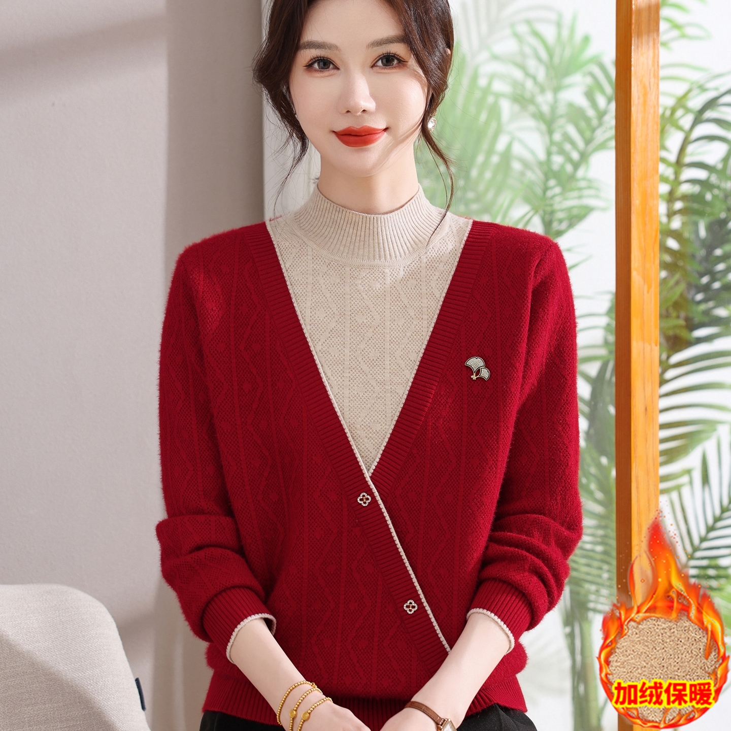 赋妤妈妈装毛衣假两件针织衫上衣