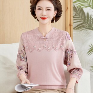 新款 国风纱袖 针织T恤小衫 中老年女夏季 上衣 两件套装 洋气妈妈春装