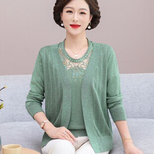 妈妈秋装洋气两件套时尚针织开衫外套中老年女装上衣春夏T恤套装