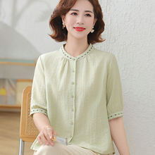 妈妈夏装棉麻亚麻上衣高端短袖衬衫中老年女洋气宽松棉绸小衫套装