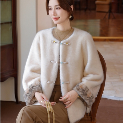 赋妤妈妈装新中式水貂绒毛呢外套