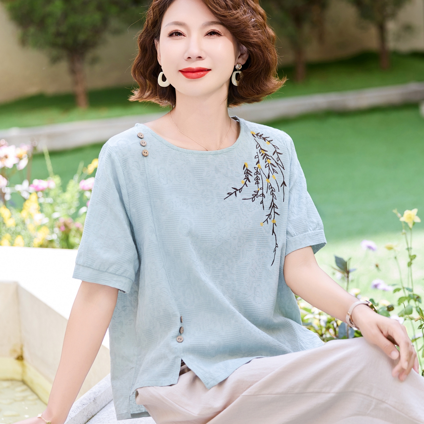 洋气妈妈夏装全棉短袖棉绸小衫