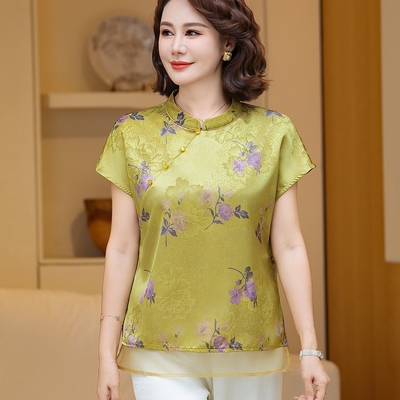 新中式妈妈夏季新款丝绸缎面小衫