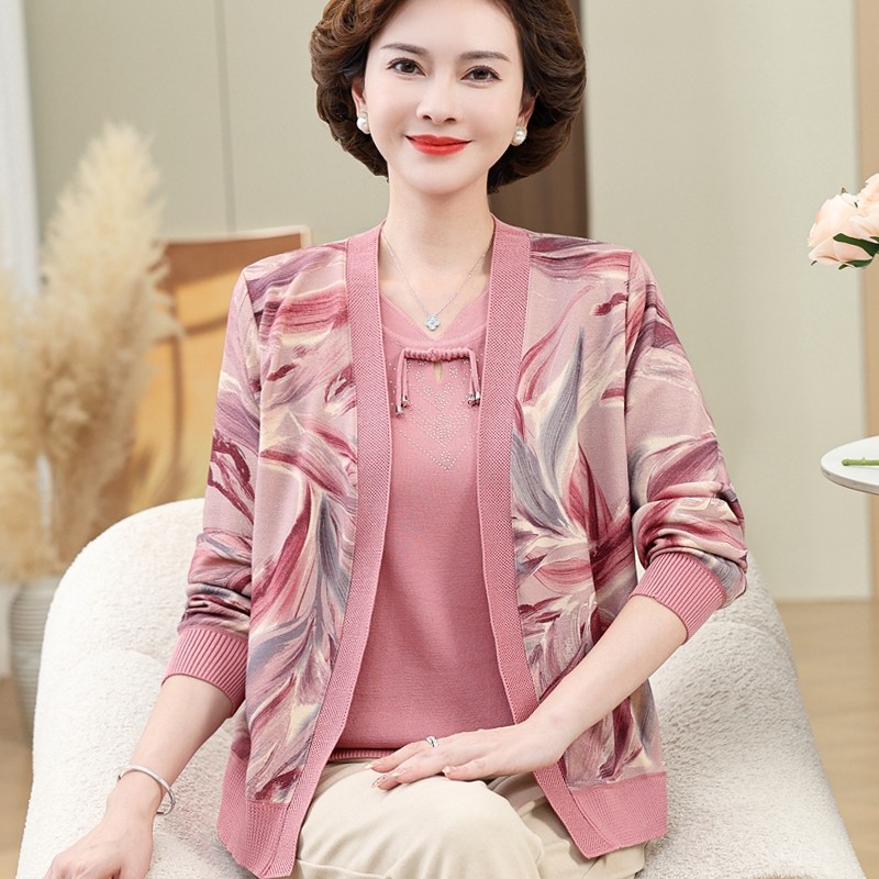 中年妈妈春装针织假两件套冰丝开衫洋气中老年女春秋季薄款外套装